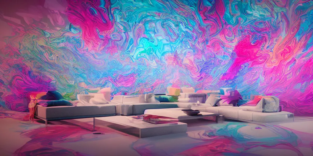 Prompt: an insanely intricate photo of a modern living room full of insane detailed colorfull smoke fluid, clean architecture, pastel colored, intricate detailed 3 d render, hyper realistic intricate acrilic fluid art, intense colors, wide shot, octane render, concept art, daylight, peaceful, 8 k