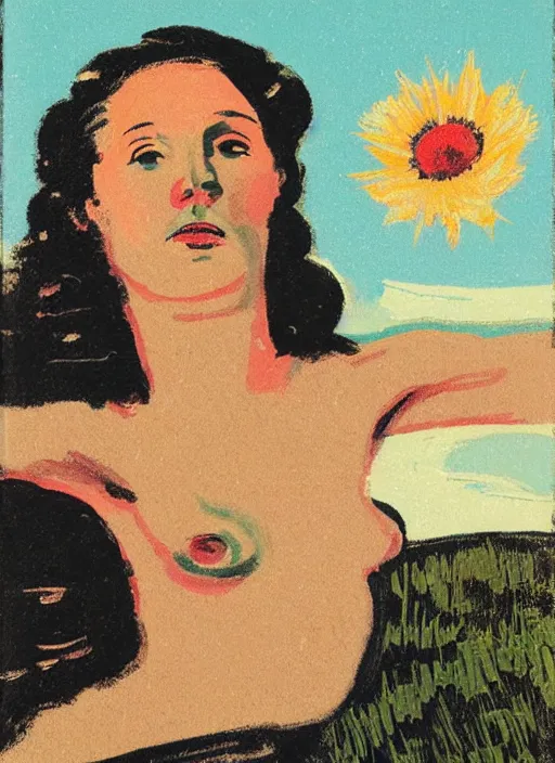 Prompt: an extreme close - up portrait of a lady in a scenic representation of mother nature and the meaning of life by billy childish, thick visible brush strokes, figure painting by anthony cudahy and by beal gifford, vintage postcard illustration, minimalist cover art by mitchell hooks