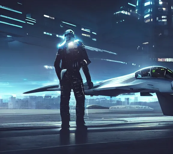 Image similar to fighter pilot stands beside futuristic sci fi fighter jet landed at runway of cyberpunk city ,dark cinematic lighting , digital concept art