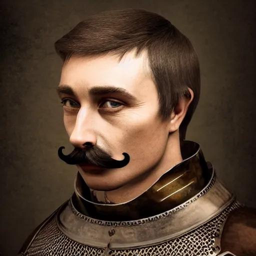 Prompt: realistic still of a man with a moustache wearing medieval armor. Highly detailed portrait