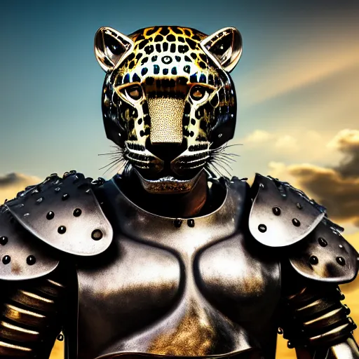 Image similar to photo of a warrior with metal jaguar armour, highly detailed, 4k, HDR,