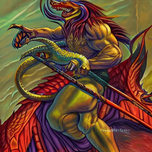 Prompt: full - color fantasy art by chris achilleos of a male barbarian riding a serpent - like dragon.