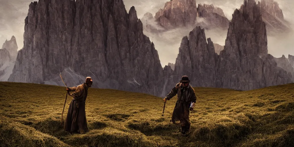 Image similar to alpine farmer transforming into a monster ,roots and hay coat, dolomites in background, dark, eerie, despair, portrait photography, artstation, digital art, concept art, artstation, highly detailed, sharp focus, by caravaggio