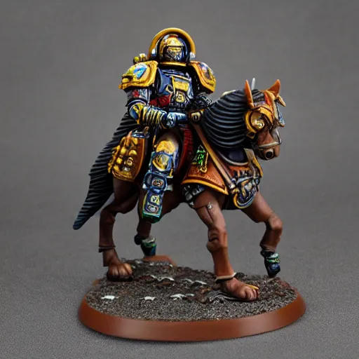 Image similar to 8 0 mm resin detailed miniature of a warhammer 4 0 k space marine riding a horse, product introduction photos, 4 k, full body, hyper detailed,