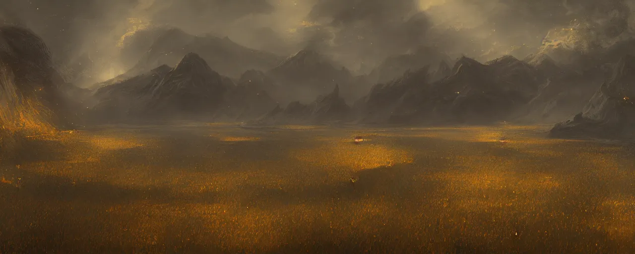 Image similar to a dark and golden landscape, with golden rivers and mystical birds that fly along, very detailed concept art, matte painting, digital art, concept art, beautiful, trending on Artstation, by Gustav Klimt