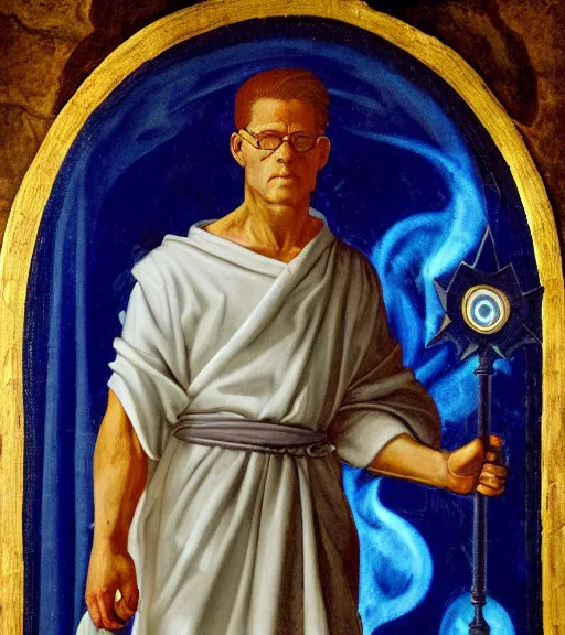 Image similar to hank hill wearing a white toga, emerging from blue fire, surrounded by blue flames, renaissance religious painting, late gothic religious paintings, byzantine religious art, painting by duccio di buoninsegna and carlo crivelli, trending on artstation