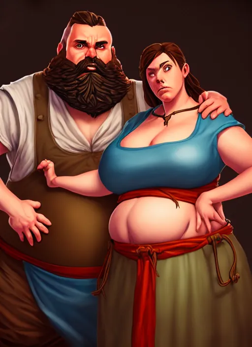 Image similar to an epic fantasy comic book style portrait painting of a hearty man with a big belly and thick beard and large woman who are a couple in a tavern with them both wearing aprons, unreal 5, daz, hyperrealistic, octane render, cosplay, rpg portrait, dynamic lighting