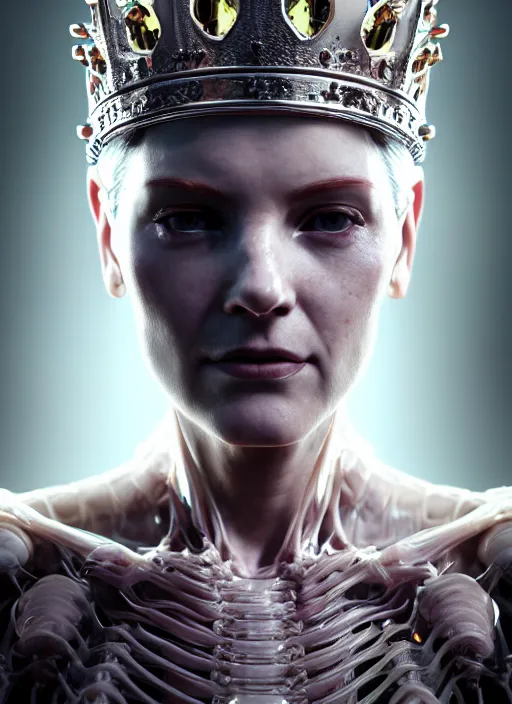 Image similar to 3 / 4 portrait, queen, crown, translucent skin, muscle, bones, veins, nerves, hyperrealism, exoskeleton, detailed, photorealistic, cyberpunk apocalyptic city, futuristic, ultra realistic, cinematic, intricate, cinematic light, unreal engine 8 k, octane render, unreal engine by charlie bowater, david kostic, stanley lau, artgerm