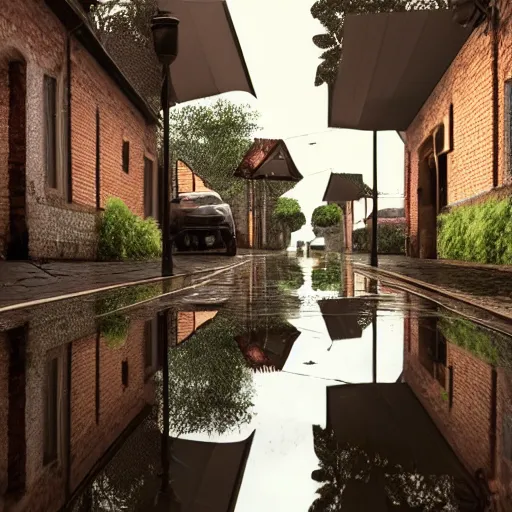 Image similar to still photo of rain puddles and reflections in a village, cloudy weather, highly detailed, photorealistic shot, bright studio setting, studio lighting, crisp quality and light reflections, unreal engine 5 quality render