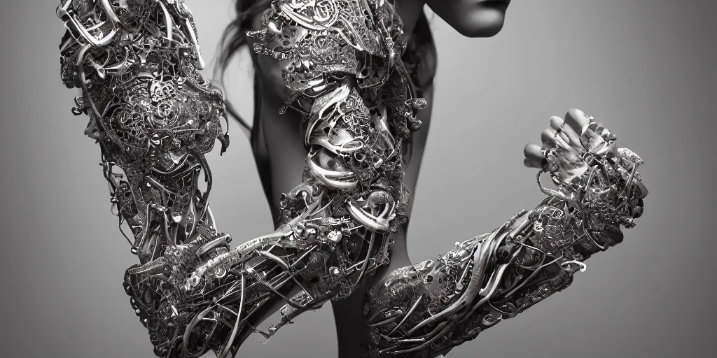 Image similar to hyper realistic photography of a stunningly beautiful cyborg female, plated arm, intimate, holding close, ribbon, in the style of beth cavener, jin kagetsu,, and wlop, highly detailed, intricate filigree, symmetry, masterpiece, award winning, sharp focus, concept art, highkey lighting, ambient lighting, octane render, 8 k, artstation