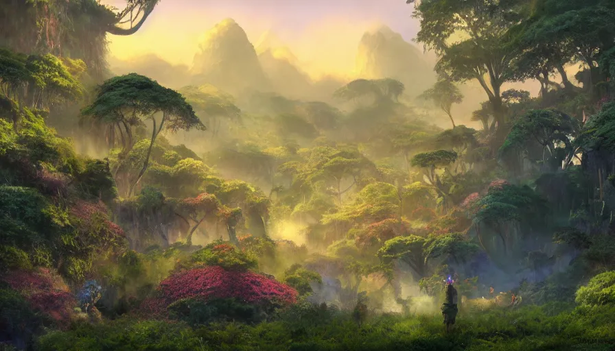 Image similar to craig mullins and ghibli digital illustration of the beastlands at dusk, avatar ( 2 0 0 9 ), lush landscape, jungle landscape, colorful, flowers unreal engine, hyper realism, realistic shading, cinematic composition, realistic render, octane render, detailed textures, photorealistic, wide shot