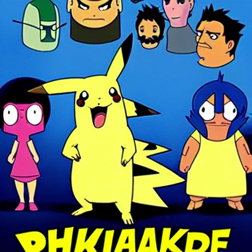 Image similar to epic movie poster summer blockbuster pikachu stars in bobs burgers