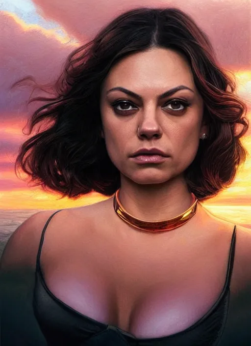 Image similar to Mila Kunis wearing black choker, epic portrait of a very strong muscled Amazon heroine, sun beams across sky, pink golden hour, stormy coast, intricate, elegance, highly detailed, shallow depth of field, epic vista, concept art, art by Artgerm and Donato Giancola, Joseph Christian Leyendecker