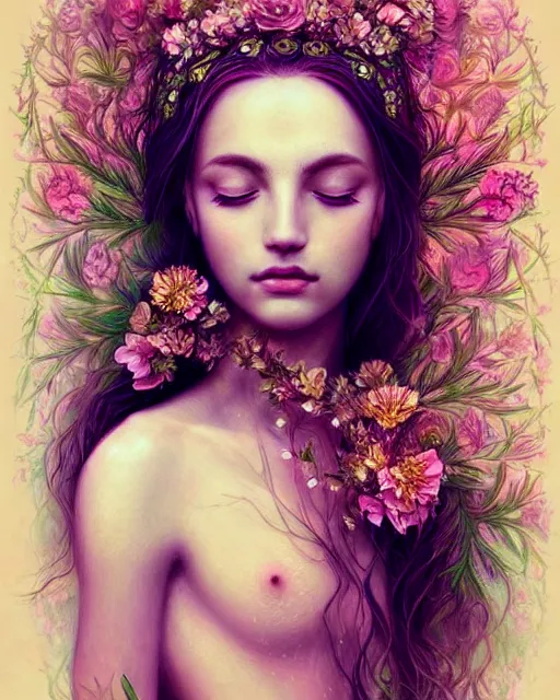 Image similar to portrait of a beautiful goddess of nature, graceful beauty, esoteric, nature and floral aesthetics, other worldly colors, head in focus, intricate, elegant, highly detailed, artstation, artistic, concept art, painterly, sharp focus, art style by emilia elfe