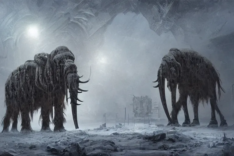 Prompt: a giant steampunk mammoth, post - apocalyptic ice landscape in snowstorm, concept art by hr giger, artstation, highly detailed, digital art