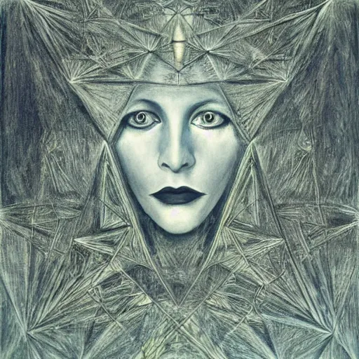 Image similar to Close-up of Goldfrapp, pencil drawing. El Greco, Remedios Varo, Salvador Dali, Carl Gustav Carus, John Atkinson Grimshaw. Blue tint. Symetrical, logo, geometric shapes.