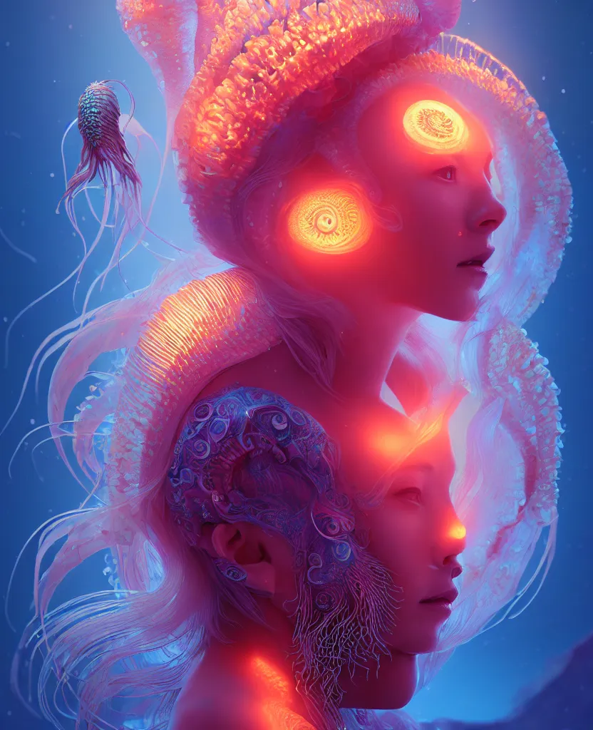 Image similar to goddess close-up portrait. orchid jellyfish phoenix head, nautilus, skull, betta fish, bioluminiscent creatures, intricate artwork by Tooth Wu and wlop and beeple. octane render, trending on artstation, greg rutkowski very coherent symmetrical artwork. cinematic, hyper realism, high detail, octane render, 8k