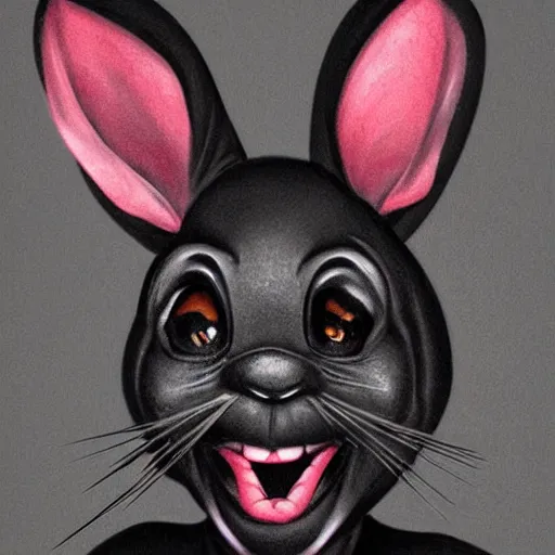 Image similar to A extremely highly detailed majestic hi-res beautiful, highly detailed head and shoulders portrait of a scary terrifying, horrifying, creepy black cartoon rabbit with scary big eyes, earing a shirt laughing, hey buddy, let's be friends, in the art style of Walt Disney