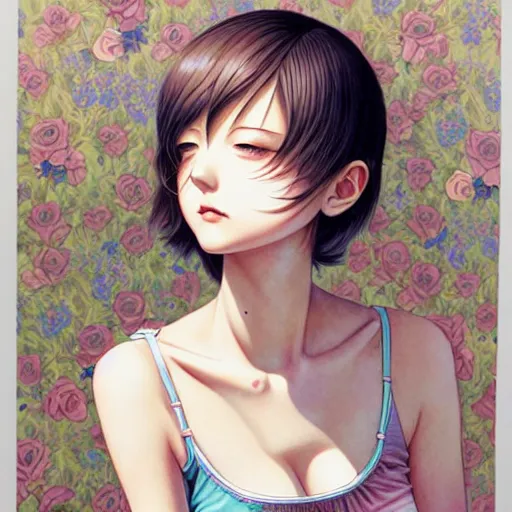 Image similar to richly detailed color  illustration of a dainty pretty young woman wearing a tank top, 'Southern Death Cult' is the theme, very soft shadowing, smooth textures, large scale image. art by Range Murata.