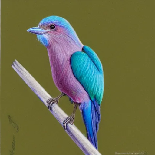 Prompt: a color pencil drawing of an lilac - breasted roller - eater by natalia rojas and ana maria martinez jaramillo, pastel color, wingspan, high quality, artstation, 4 k, realism, ultra realistic, fine art, white background, professionnal work