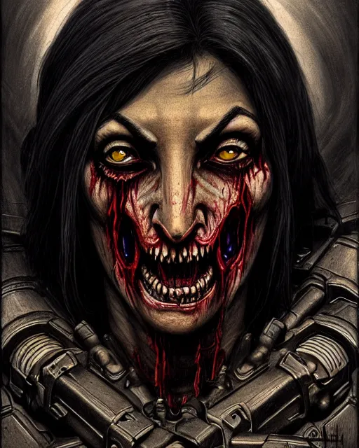 Image similar to pharah from overwatch, monster, zombie, character portrait, portrait, close up, concept art, intricate details, highly detailed, horror poster, horror, vintage horror art, realistic, terrifying, in the style of michael whelan, beksinski, and gustave dore