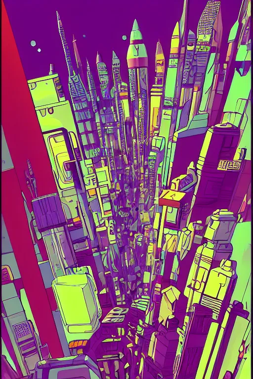 Image similar to astronaut cyberpunk surreal upside down city, neon lights, sharp edges, flat colors, cell shaded by moebius, Jean Giraud, trending on artstation