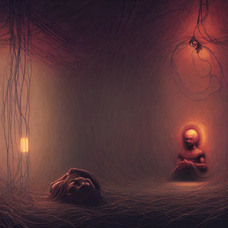 Image similar to beautiful man in spaceship interior covered with tubes wires by beksinski, soft bloom glow lucid dream - like atmosphere, baroque painting, perfect composition, detailed octane render trending on artstation, 8 k artistic photography, volumetric cinematic perfect light, chiaroscuro, masterpiece, raphael, caravaggio, beksinski, rutkowski, beeple