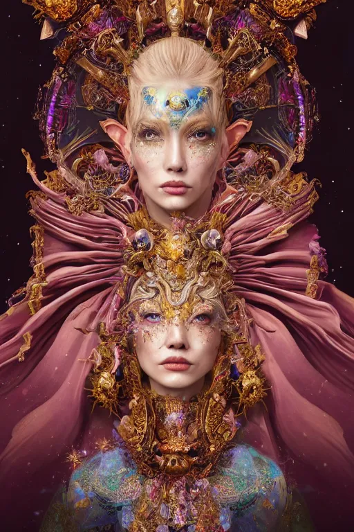 Image similar to a beautiful empress portrait, with a brilliant, impossible striking big cosmic galaxy headpiece, clothes entirely made out of cosmos chaos energy, symmetrical, dramatic studio lighting, rococo, baroque, jewels, asian, hyperrealism, closeup, D&D, fantasy, intricate, elegant, highly detailed, digital painting, artstation, octane render, 8k, concept art, matte, sharp focus, illustration, art by Artgerm and Greg Rutkowski and Alphonse Mucha