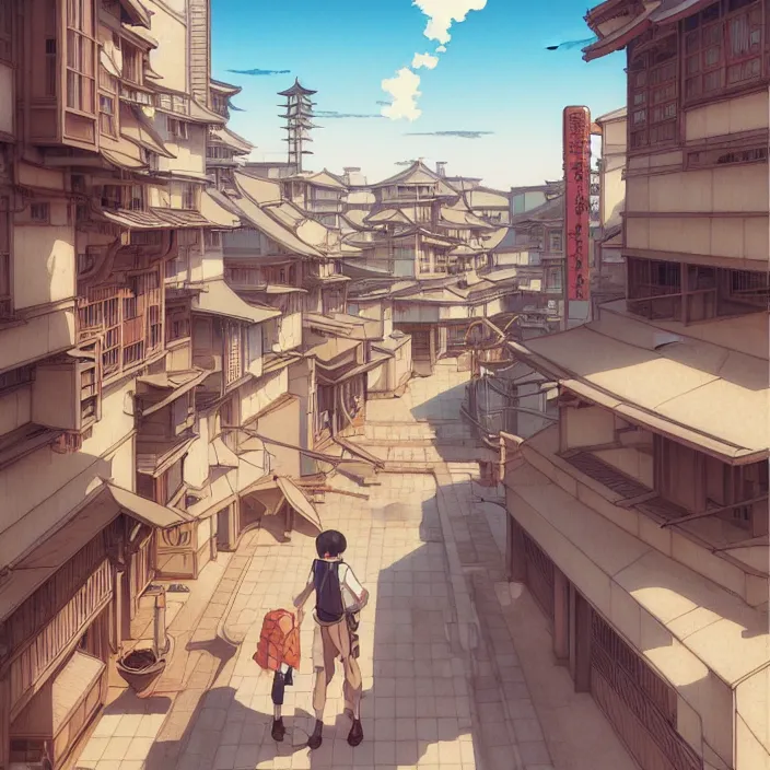 Image similar to empty japanese city, summer, in the style of studio ghibli, j. c. leyendecker, greg rutkowski, artem