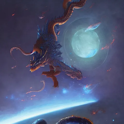 Prompt: blue scaled dragon devouring a planet, space, sun system, nebula, oil painting, by Fernanda Suarez and Edgar Maxence and Greg Rutkowski