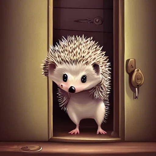 Image similar to cute adorable hedgehog opening the door, waving, smiling, cute, hedgehog, by cyril rolando