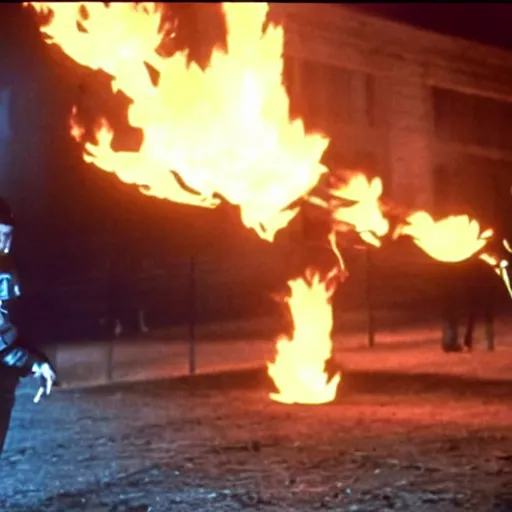 Image similar to movie still of cristiano ronaldo with a flamethrower in the thing (1982), john carpenter, cinematic,