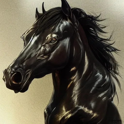 Image similar to an enormously muscular black - coated anthro horse at a research facility wearing skintight body armor, long mane, highly detailed, digital painting, artstation, illustration, art by artgerm, greg rutkowski, wlop