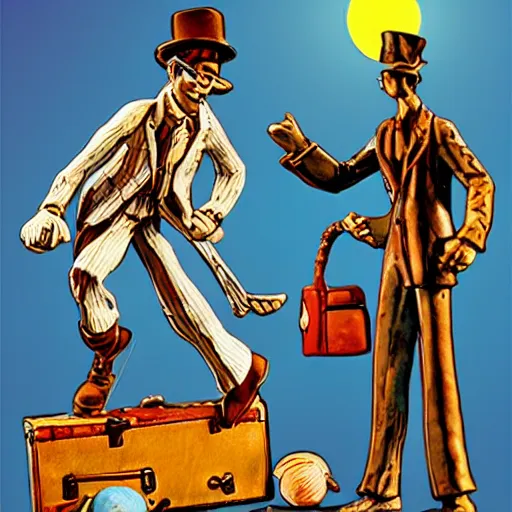 Image similar to full moon, figurines, travel!! tilt shift, style of will eisner, full of color, on white, smooth, thin sharp lines, detailed