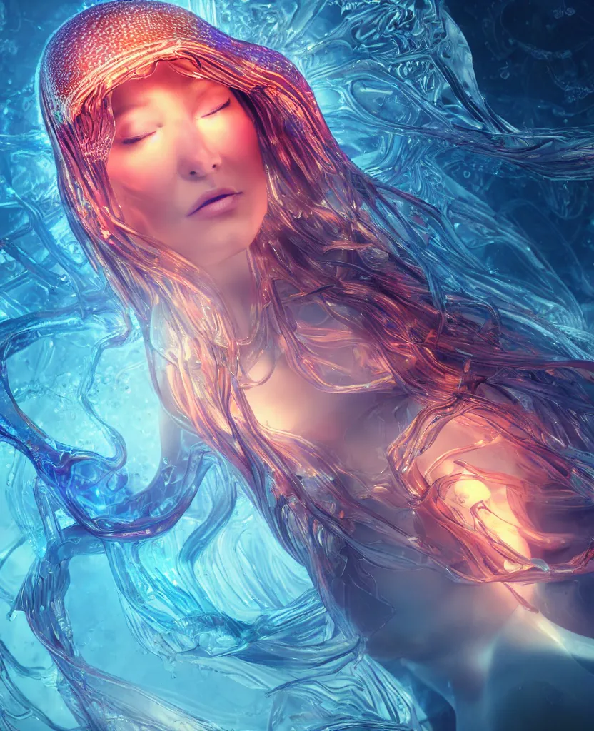 Image similar to close-up macro portrait of the face of a beautiful princess, epic angle and pose, symmetrical artwork, 3d with depth of field, blurred background, cybernetic jellyfish female face skull phoenix bird, translucent, nautilus, energy flows of water and fire. a highly detailed epic cinematic concept art CG render. made in Maya, Blender and Photoshop, octane render, excellent composition, cinematic dystopian brutalist atmosphere, dynamic dramatic cinematic lighting, aesthetic, very inspirational, arthouse. y Greg Rutkowski, Ilya Kuvshinov, WLOP, Stanley Artgerm Lau, Ruan Jia and Fenghua Zhong