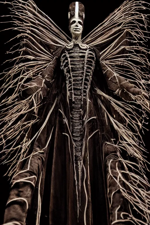 Image similar to dressed senobith, symmetrical, cinematic, elegant, dark, real photography, costume made by clive barker, 4 k, ultra hd, sense of awe