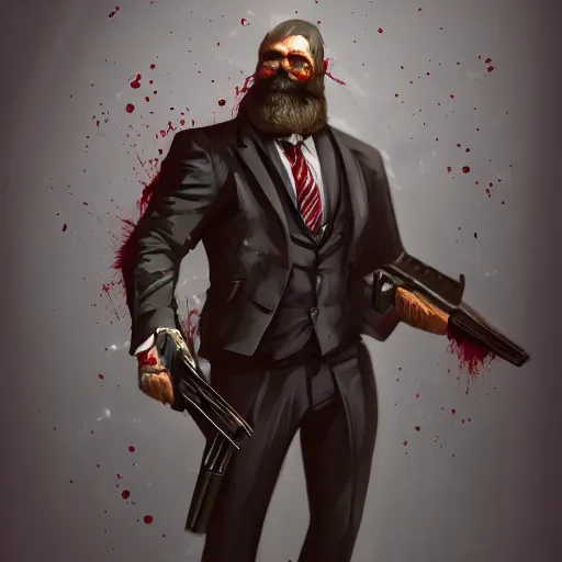 Prompt: Bearded man in suit holding shotgun covered in blood, muscular, D&D, fantasy, tactical, badass, artstation, concept art