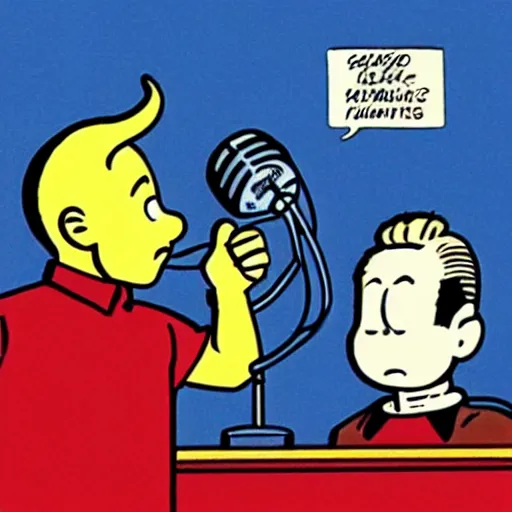 Image similar to tintin wearing headphones and speaking into big microphone, podcast! in the style of jean giraud!!