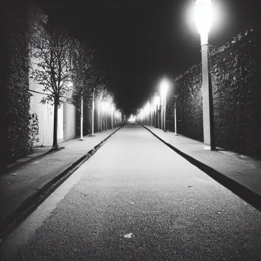 Image similar to Beautiful cameraphone, soft liminal Photograph of estate road, hedge night, streetlight.