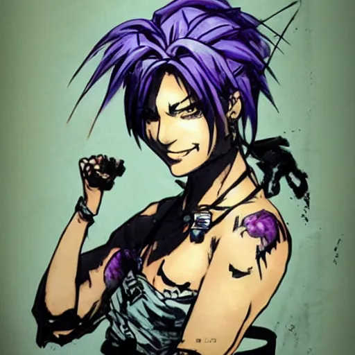 Prompt: jolyne cujo smiling, yoji shinkawa