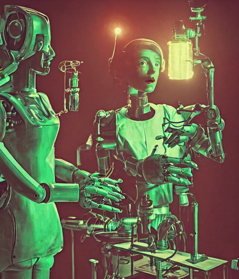 Image similar to a female mad scientist building a humanoid robot, in a darkly lit laboratory room, 1 9 5 0 s horror movie poster style, norman rockwell painting, close - up shot, retro science fiction, vintage, saturated pink and green lighting, shadowy lighting, cohesive