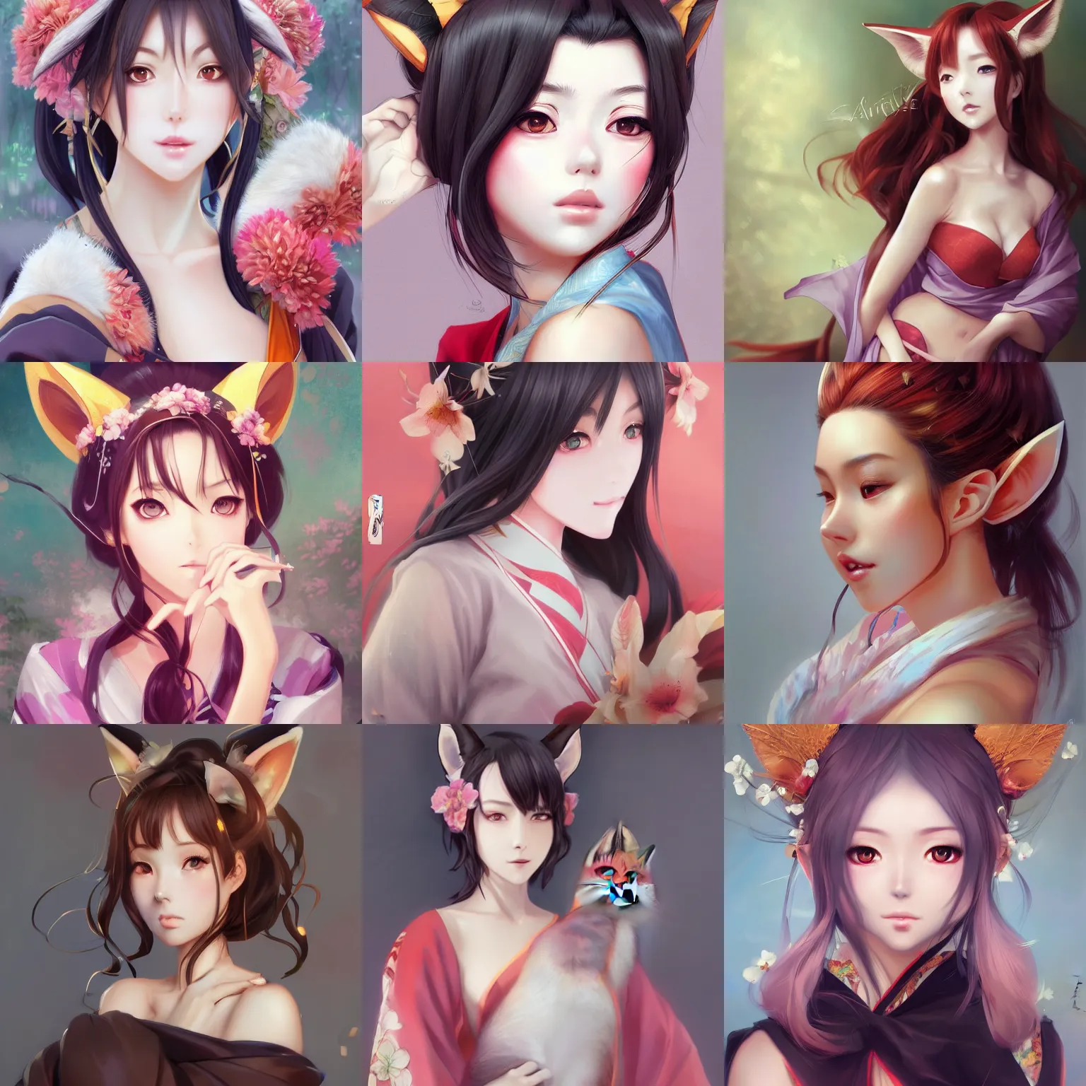 Prompt: A beautiful anime portrait of a beautiful, shapely woman with fox ears wearing a kimono, digital painting, by Stanley Artgerm Lau, WLOP, Rossdraws, LeraPi, and Sakimichan, trending on ArtStation, deviantart, SFW version, realistic skin texture
