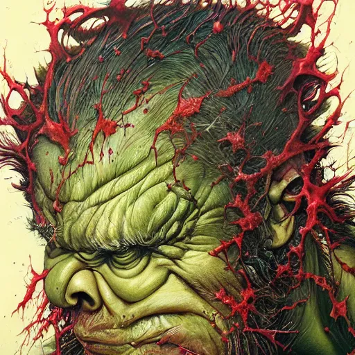 Prompt: detailed masterpiece head and shoulders portrait of struggling Hulk by Ayami Kojima, Amano, Karol Bak, Greg Hildebrandt, and Mark Brooks, rich deep colors. agony. Beksinski painting, part by Adrian Ghenie and Gerhard Richter. art by Takato Yamamoto. medium shot. masterpiece . intricate artwork by Tooth Wu and wlop and greg manchess, greg rutkowski, very coherent artwork, cinematic, hyper realism, high detail, octane render, unreal engine, 8k, Vibrant colors, Smooth gradients, High contrast. by Katsuhiro Otomo, inspired by anime, movie grain, intricate detail, extremely detailed. painting by Arthur Rackham, Eugene de Blaas, Frederic Leighton