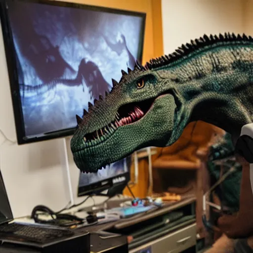 Image similar to A dinosaur playing VR