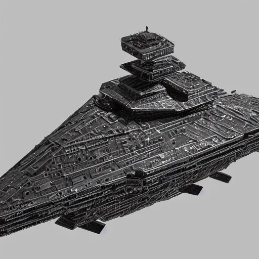 Prompt: a model of a star destroyer on a wooden stand, an ambient occlusion render by piranesi, trending on cg society, kinetic art, greeble, high detailed, voxel art