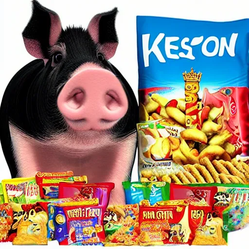 Image similar to photo realistic pig king on throne surrounded snack food bags, realistic, award winning, cinematic