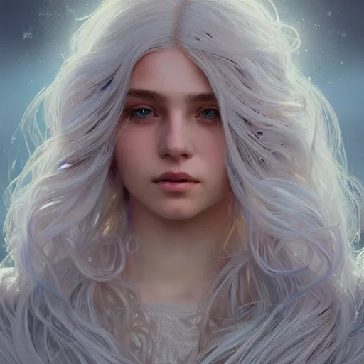 Image similar to girl with super long hair, hair becoming white snow, intricate, highly detailed, digital painting, artstation, concept art, smooth, sharp focus, illustration, unreal engine 5, 8 k, art by artgerm and greg rutkowski and alphonse mucha