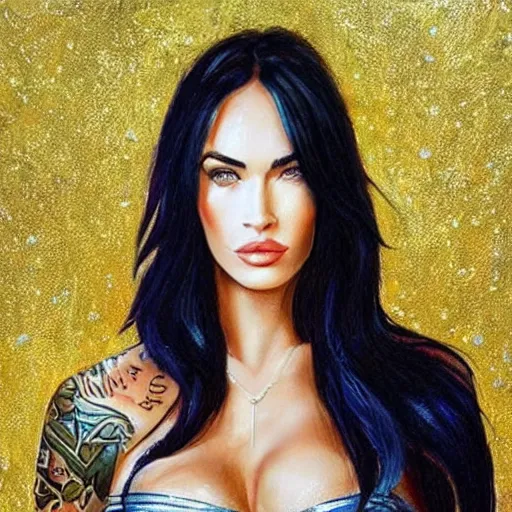 Image similar to “Megan Fox glitter paints paintings, ultra detailed portrait, 4k resolution”