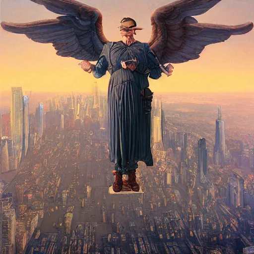 Prompt: marvelous detailed portrait of a strong winged Nephilim Hank Hill Man with a halo standing above new york city. peter mohrbacher norman rockwell heorhiy narbut jessie wilcox smith beatrix potter joseph leyendecker acrylic painting