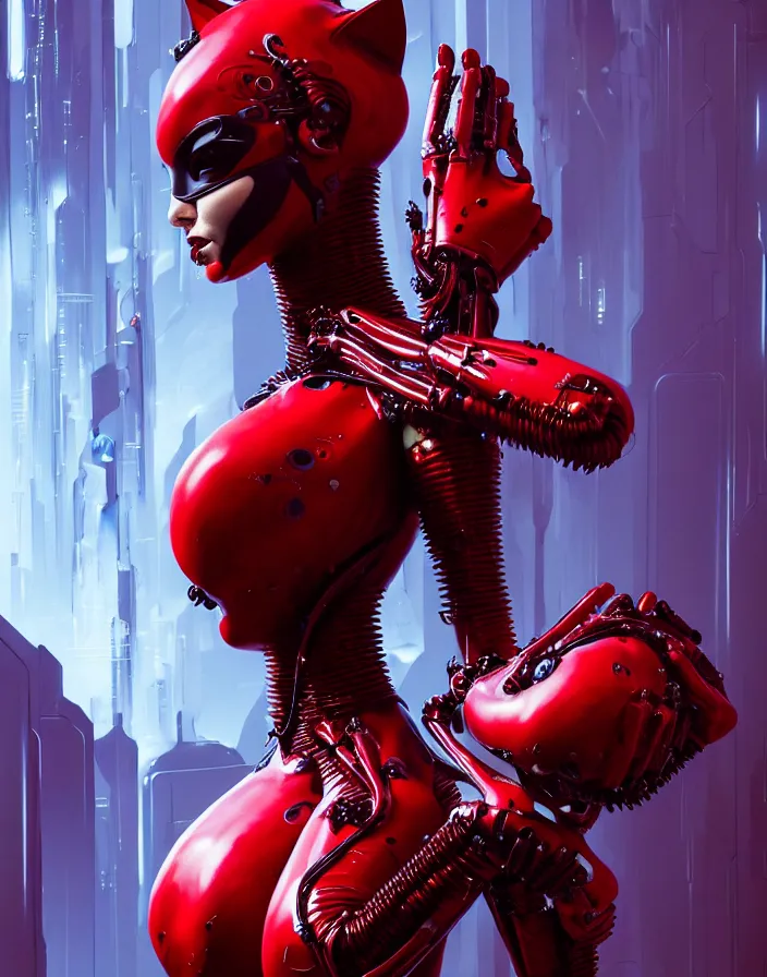 Image similar to portrait, super hero pose, catwoman marble statue red biomechanical dress, inflateble shapes, wearing epic bionic cyborg implants, masterpiece, intricate, biopunk futuristic wardrobe, highly detailed, art by akira, mike mignola, artstation, concept art, background galaxy, cyberpunk, octane render